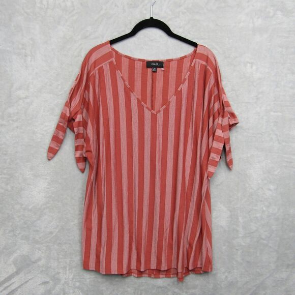 Naif Top Shirt Womens 2X Pink V-Neck Tie Sleeve Blouse Striped - Picture 1 of 8